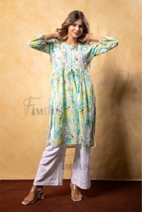 Green Floral Print Chikankari Naira Kurti - Green, M(38)