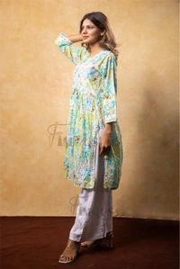 Green Floral Print Chikankari Naira Kurti - Green, M(38)