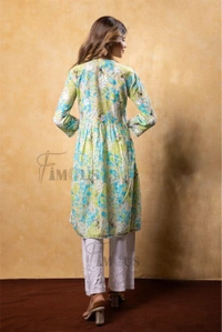 Green Floral Print Chikankari Naira Kurti - Green, M(38)