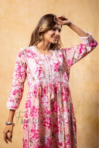 Pink Floral Print Chikankari Naira Kurti - Pink, XL(42)