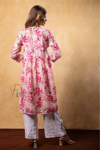 Pink Floral Print Chikankari Naira Kurti - Pink, XL(42)