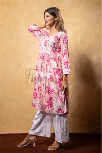 Pink Floral Print Chikankari Naira Kurti - Pink, 2XL(44)