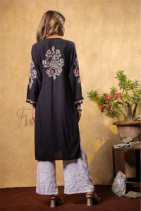 Nargis Chikankari Multi Embroidered Long Kurta - Black - Black, 2XL(44)