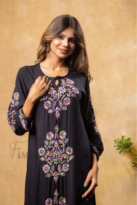 Nargis Chikankari Multi Embroidered Long Kurta - Black - Black, 3XL(46)