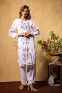 Nargis Chikankari Multi Embroidered Long Kurta - White - White, XL(42)