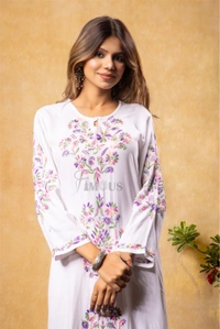 Nargis Chikankari Multi Embroidered Long Kurta - White - White, XL(42)
