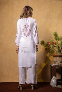 Nargis Chikankari Multi Embroidered Long Kurta - White - White, XL(42)