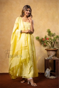 Yellow Elegant Chikankari Semi-Stitched Gown With Dupatta - Semi Stiched, Yellow