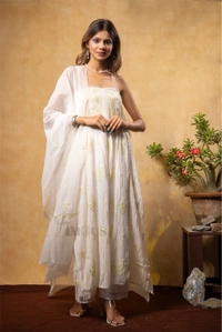 Off White Chikankari and Zardozi Semi-Stitched Gown With Dupatta - Semi Stiched