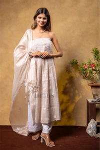 Rose Gold Chikankari Tissue Gown With Dupatta - Semi Stiched, Tussar