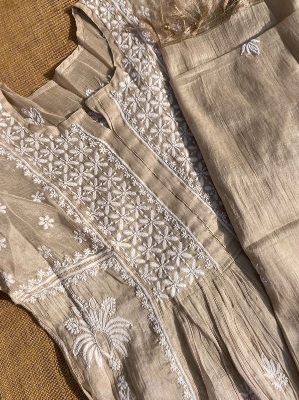 Rose Gold Chikankari Tissue Gown With Dupatta - Semi Stiched, Tussar