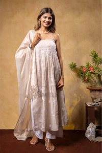 Rose Gold Chikankari Tissue Gown With Dupatta - Semi Stiched, Tussar