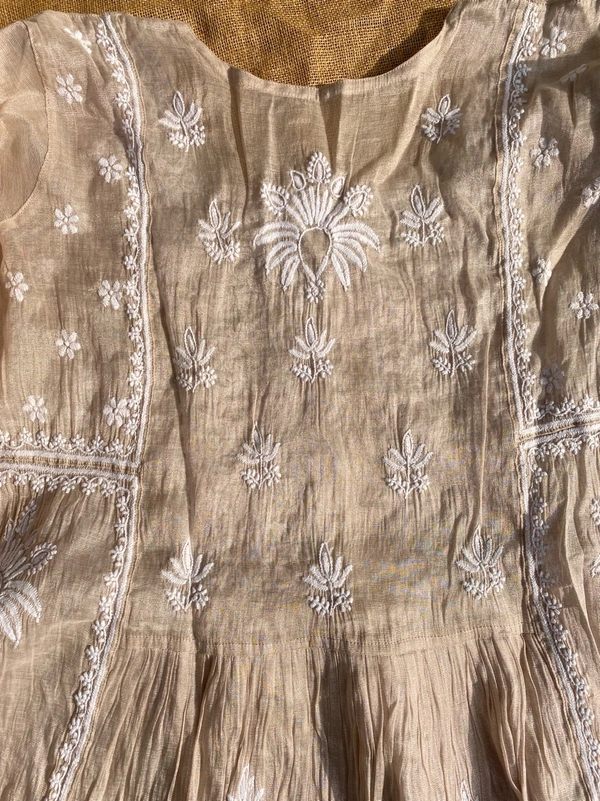 Rose Gold Chikankari Tissue Gown With Dupatta - Semi Stiched, Tussar