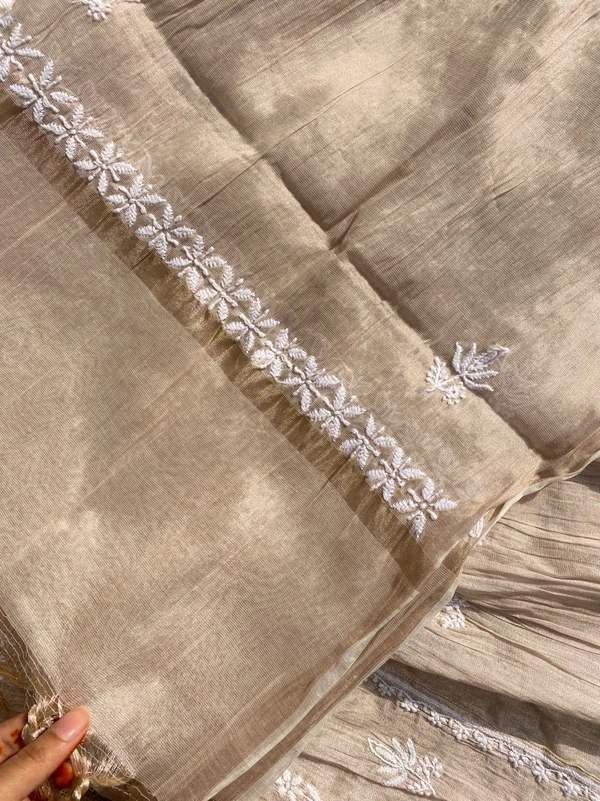 Rose Gold Chikankari Tissue Gown With Dupatta - Semi Stiched, Tussar