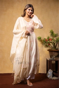Beige Elegant Chikankari Semi-Stitched Angarkha With Dupatta - Semi Stiched, Beige