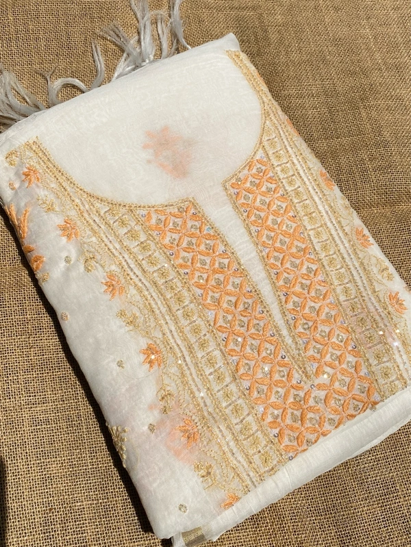 Creamy White Mul Chanderi Unstich Dress - Unstiched