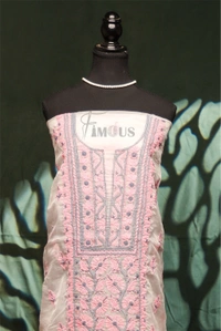 Premium Chikankari White And Pink Threads Kurta Dupatta Set - Unstiched