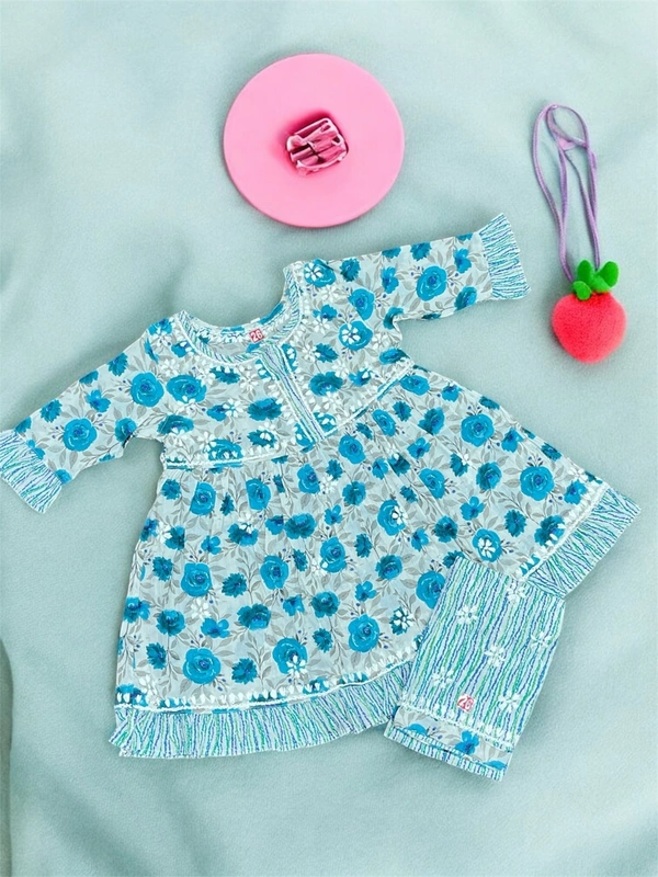 Kids Chikankari  Co-ord Sets In Mulmul Print(Dark Blue)