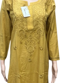 Mustard Chikankari Kurti in Soft Mul Cotton - Mustard, L(40)