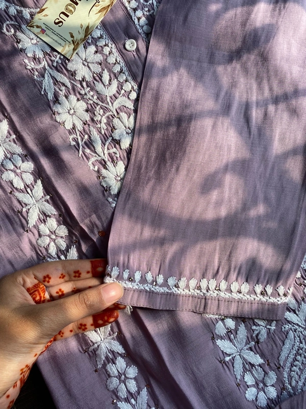 Lavender Chikankari Mukaish Kurta Plazo Set - XL(42), Lavender