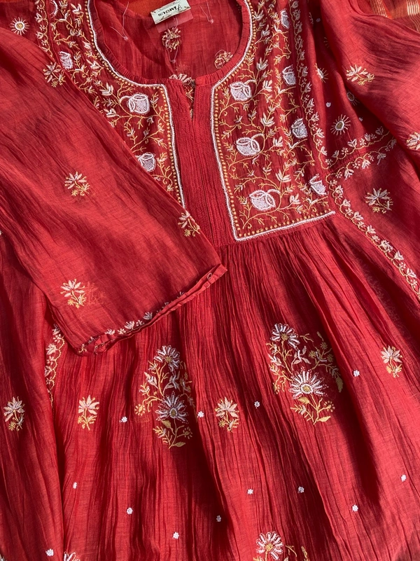 Aneesa – Apple Red Handcrafted Chikankari Gown Set - Semi Stiched, Apple Red