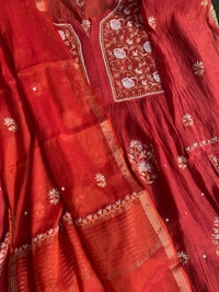 Aneesa – Apple Red Handcrafted Chikankari Gown Set - Semi Stiched, Apple Red