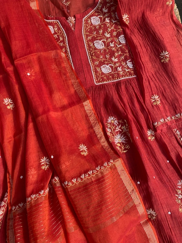 Aneesa – Apple Red Handcrafted Chikankari Gown Set - Semi Stiched, Apple Red
