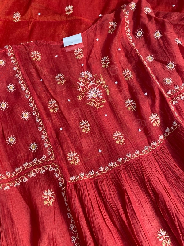 Aneesa – Apple Red Handcrafted Chikankari Gown Set - Semi Stiched, Apple Red