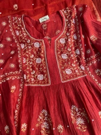 Aneesa – Apple Red Handcrafted Chikankari Gown Set - Semi Stiched, Apple Red