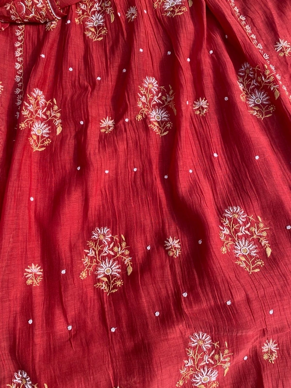 Aneesa – Apple Red Handcrafted Chikankari Gown Set - Semi Stiched, Apple Red