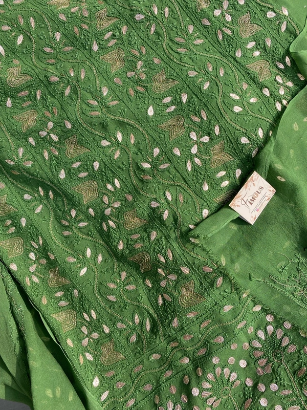 Bottle Green Chikankari Mukaish Viscose Unstiched Dress - Bottle Green