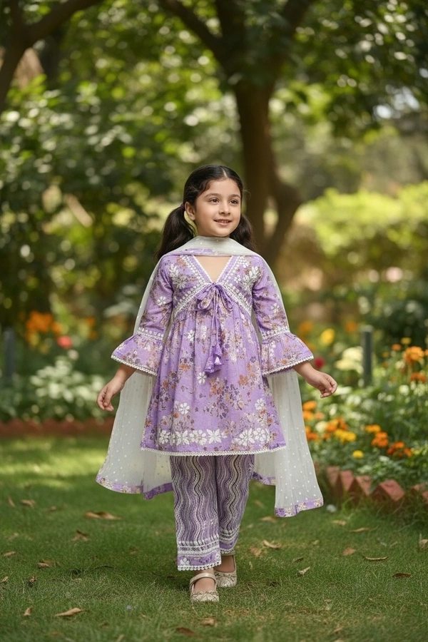 Afshan Tiered Mul Print Kids Chikankari Set -Purple - 18, Purple