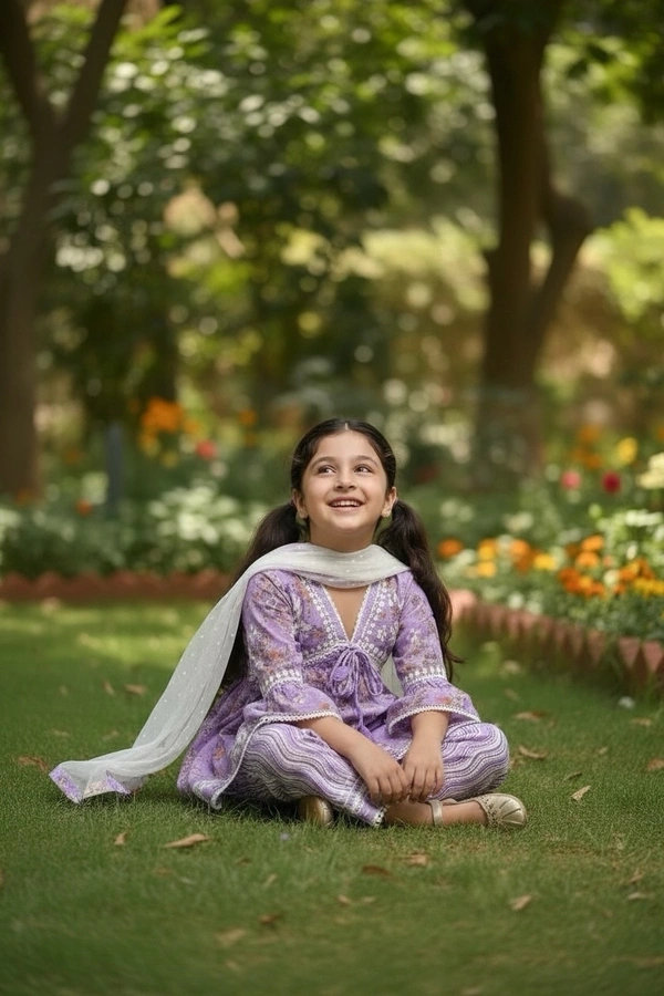 Afshan Tiered Mul Print Kids Chikankari Set -Purple - 34, Purple