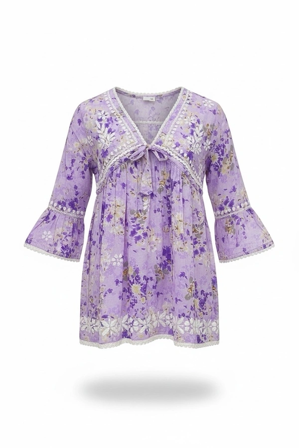 Afshan Tiered Mul Print Kids Chikankari Set -Purple - 34, Purple