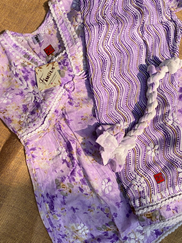 Afshan Tiered Mul Print Kids Chikankari Set -Purple - 36, Purple
