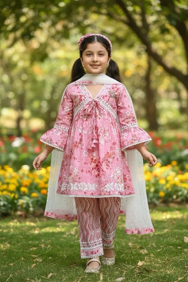 Afshan Tiered Mul Print Kids Chikankari Set -Pink - 34, pink
