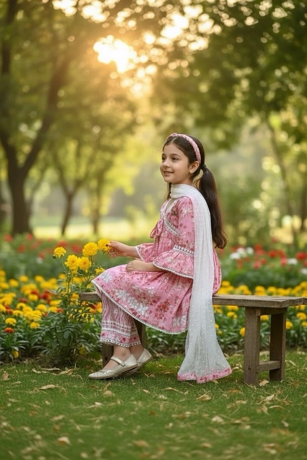 Afshan Tiered Mul Print Kids Chikankari Set -Pink - 34, pink