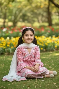 Afshan Tiered Mul Print Kids Chikankari Set -Pink - 34, pink