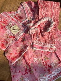 Afshan Tiered Mul Print Kids Chikankari Set -Pink - 34, pink