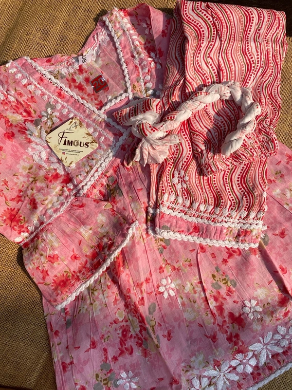 Afshan Tiered Mul Print Kids Chikankari Set -Pink - 36, pink