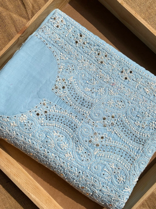 Blue Traditional Chikankari Mukaish Unstiched Dress - Blue