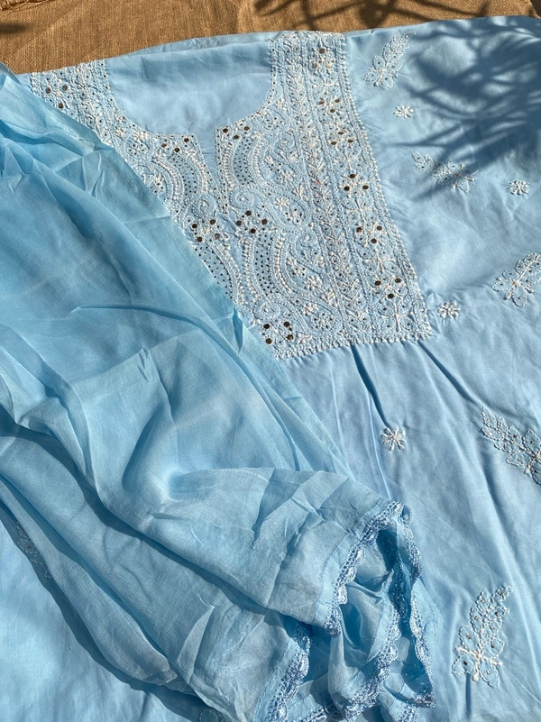 Blue Traditional Chikankari Mukaish Unstiched Dress - Blue