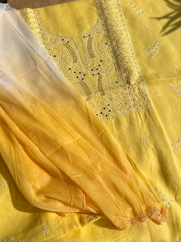 Yellow Traditional Chikankari Mukaish Unstiched Dress