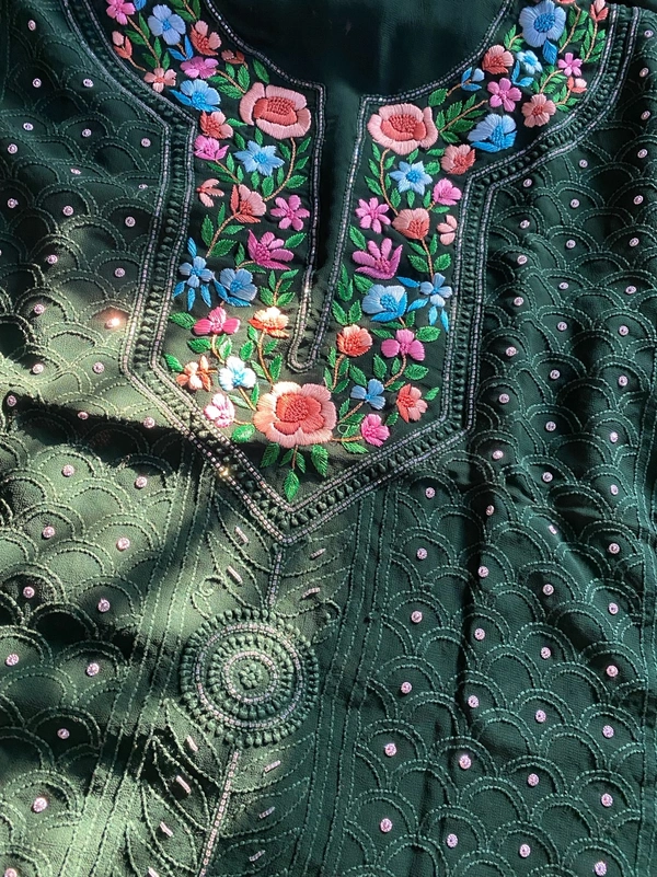 Bottle Green Chikankari Parsi Gara Kurta Unstiched - Bottle Green