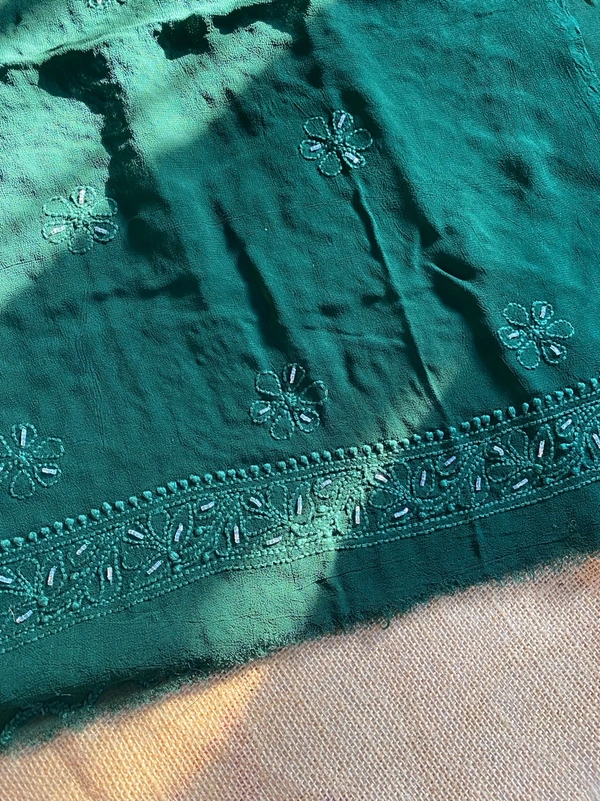 Bottle Green Chikankari Parsi Gara Kurta Unstiched - Bottle Green