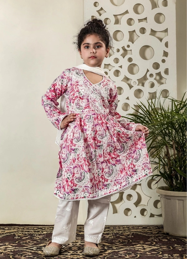 Fiza Angarkha Mul Print Kids Chikankari Set -Pink - 16, pink