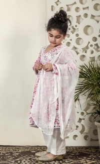 Fiza Angarkha Mul Print Kids Chikankari Set -Pink - 16, pink