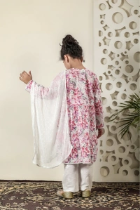 Fiza Angarkha Mul Print Kids Chikankari Set -Pink - 16, pink