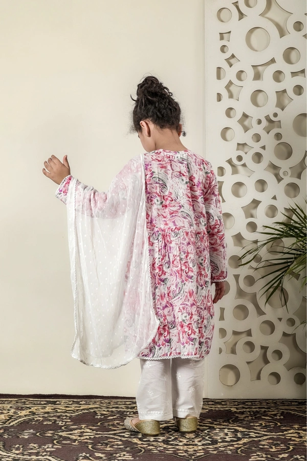 Fiza Angarkha Mul Print Kids Chikankari Set -Pink - 16, pink