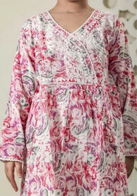 Fiza Angarkha Mul Print Kids Chikankari Set -Pink - 16, pink